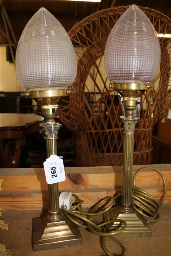 Pair brass lamps & glass shades(-)